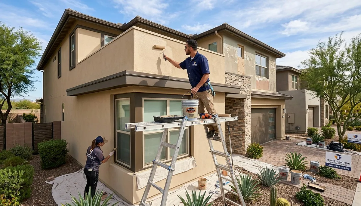 Professional house painters in Phoenix AZ applying exterior paint to a Southwest-style home