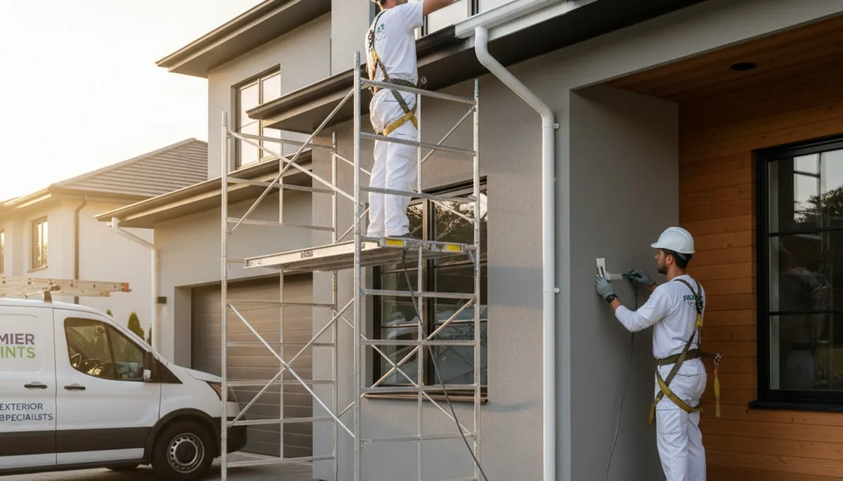 Professional trim and fascia painting on Phoenix, AZ home exterior by local house painters